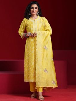Libas Art - Yellow Floral Embroidered Straight Kurta with Trousers and Dupatta (Set of 3)