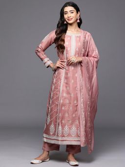 Libas Art - Dusty Pink Silk Blend Embroidered A-Line Kurta with Trousers and Dupatta (Set of 3)