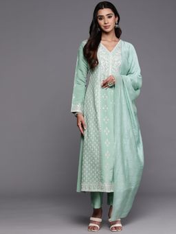 Libas Art - Sea Green Silk Blend Embroidered A-Line Kurta with Trousers and Dupatta (Set of 3)