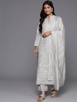 Libas Art - Grey Silk Blend Embroidered A-Line Kurta with Trousers and Dupatta (Set of 3)