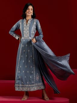 Libas Art - Grey Silk Blend Embroidered A-Line Kurta with Trousers and Dupatta (Set of 3)