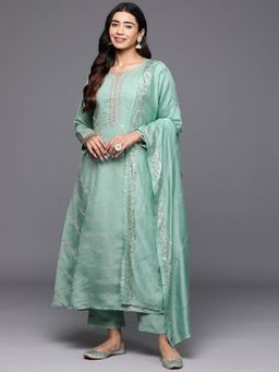Libas Art - Sea Green Silk Blend Embroidered A-Line Kurta with Trousers and Dupatta (Set of 3)