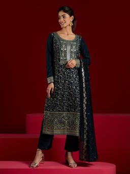 Libas Art - Navy Blue Silk Blend Embroidered Kurta with Trousers and Dupatta (Set of 3)