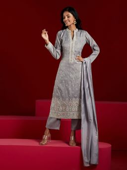 Libas Art - Grey Silk Blend Embroidered Kurta with Trousers and Dupatta (Set of 3)