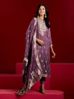 Libas Art - Purple Pure Silk Woven Design Straight Kurta with Trousers and Dupatta (Set of 3)