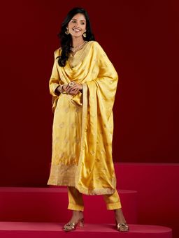 Libas Art - Yellow Pure Silk Woven Design Straight Kurta with Trousers and Dupatta (Set of 3)