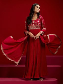 Libas Art - Red Georgette Embroidered and Zari Work Kurta with Trousers & Dupatta (Set of 3)