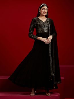 Libas Art - Black Georgette Embroidered and Zari Work Kurta with Trousers & Dupatta (Set of 3)