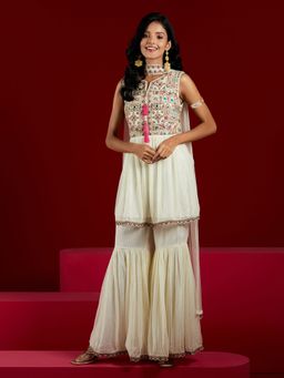 Libas Art - Off White Silk Chiffon Embroidered Kurta with Sharara and Dupatta (Set of 3)
