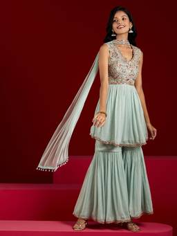 Libas Art - Powder Blue Chiffon Sequined Kurta with Sharara and Dupatta (Set of 3)
