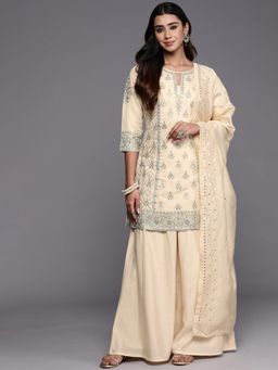 Libas Art - Beige Embroidered Kurta with Palazzo and Dupatta (Set of 3)