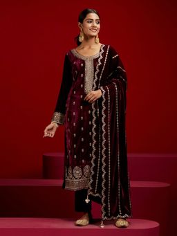 Libas Art - Purple Floral Velvet Kurta with Trousers and Dupatta (Set of 3)