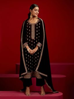 Libas Art - Brown Floral Velvet Kurta with Trousers and Dupatta (Set of 3)