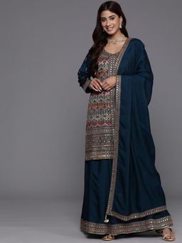 Libas Art - Navy Blue Embroidered Silk Blend Kurta with Palazzo and Dupatta