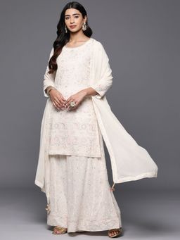 Libas Art - Cream Embroidered Georgette Kurta with Palazzo and Dupatta (Set of 3)