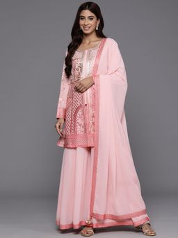 Libas Art - Peach Embroidered Georgette Kurta with Palazzo and Dupatta (Set of 3)