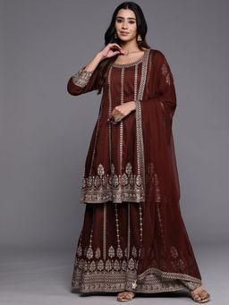 Libas Art - Maroon Embroidered Silk Blend Kurta with Palazzo and Dupatta (Set of 3)