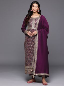 Libas Art - Purple Embellished Silk Blend Kurta with Trousers and Dupatta (Set of 3)