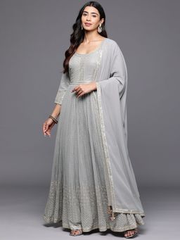 Libas Art - Grey Embellished Georgette Padded Kurta with Trousers and Dupatta (Set of 3)