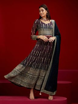 Libas Art - Multi Color Embellished Georgette Padded Kurta with Trousers and Dupatta (Set of 3)