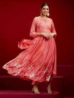Libas Art - Women Coral Floral Printed Flared Kurta with Trousers and Dupatta (Set of 3)