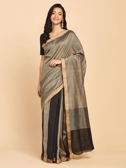 Fabindia - Grey Cotton Silk Hand Woven Saree Without Blouse
