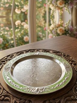 EKAANI - Round Ethed Decorative Tray With Green Enamel - 12"