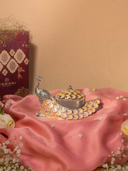 EKAANI - Peach Enamel Peacock Sugar Decorative Box with Spoon