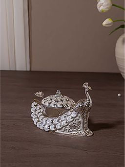 EKAANI - White Enamel Peacock Sugar Decorative Box with Spoon