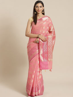 Indethnic - Banarasi Pink Woven Design Daily Wear Saree With Unstitched Blouse