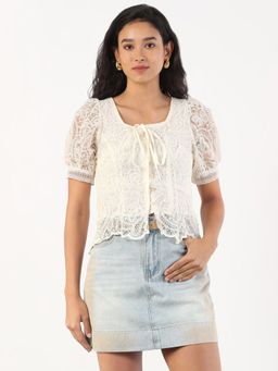 SHOWOFFFF - Women Beige Embroidered Top