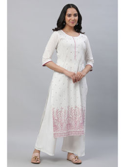 Aurelia - White Straight Kurta In Purple Floral Print