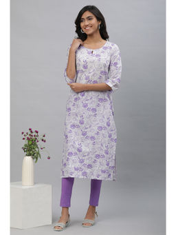Aurelia - White & Purple Floral Printed Kurta