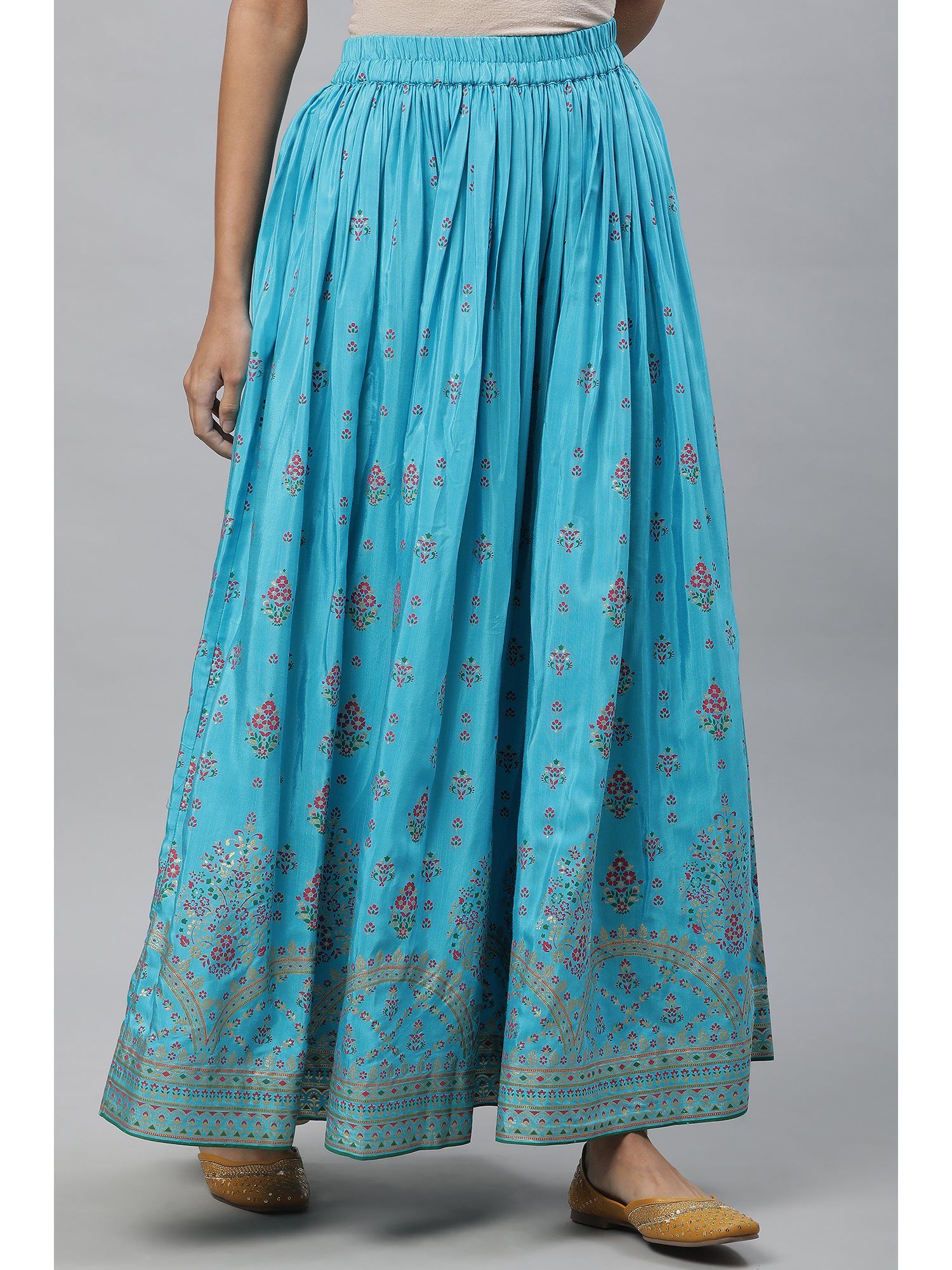 aurelia Blue Floral Printed Gathered Festive Skirt-picture-27