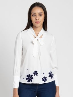 SHAYE - V-Neck White Solid Long Sleeves Casual Tops for Women