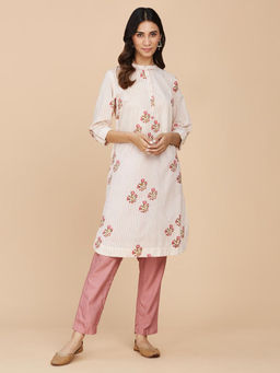 Fabindia - Off White Cotton Printed Knee Length Kurta