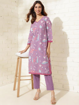 Fabindia - Purple Cotton Printed Kurta and Pant (Set of 2)