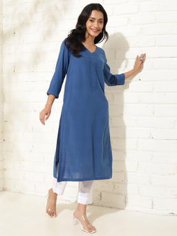 Fabindia - Blue Cotton Chikankari Long Kurta