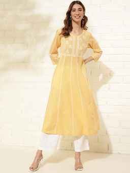 Fabindia - Yellow Cotton Chikankari Slim Fit Long Kurta