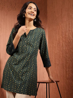 Fabindia - Teal Cotton Dabu Printed Slim Fit Short Kurti