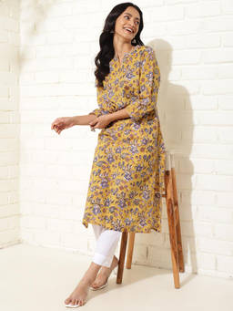 Fabindia - Mustard Cotton Hand Block Printed Long Kurta