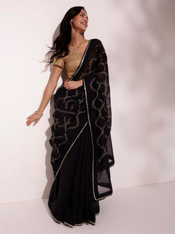 Fabindia - Black Cotton Silk Embroidered Saree