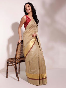 Fabindia - Beige Cotton Silk Blend Maheshwari Stitched Saree