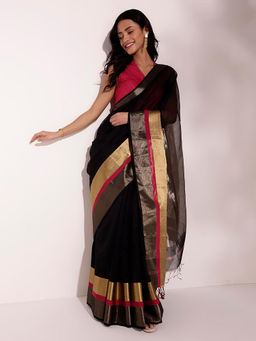 Fabindia - Black Cotton Silk Blend Maheshwari Stitched Saree