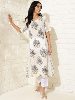 Fabindia - Grey Natural Cotton Printed Long Kurta