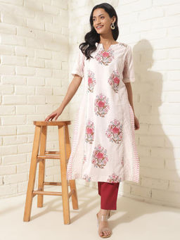 Fabindia - Pink Natural Cotton Printed Long Kurta