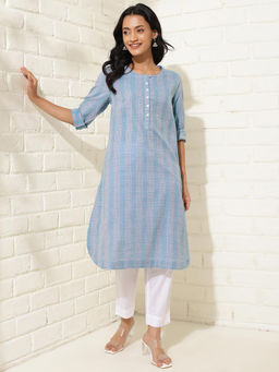 Fabindia - Blue Cotton Striped Knee Length Kurta