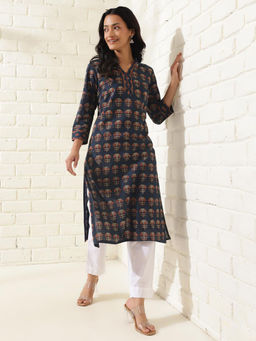 Fabindia - Indigo Cotton Dabu Printed Long Kurta