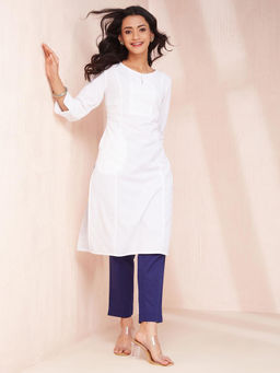 Fabindia - White Cotton Embroidered Slim Fit Knee Length Kurta