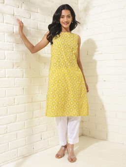 Fabindia - Yellow Cotton Printed Slim Fit Knee Length Kurta